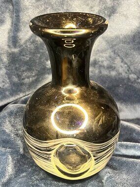 Vintage Studio Art Glass Black Vase with White Wavy Band and Clear Bubble Base